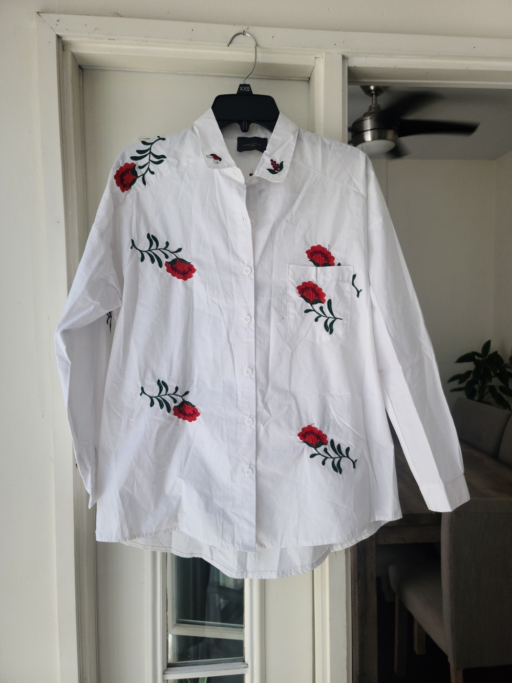 Embroidered Red Rose White Button-Up Blouse